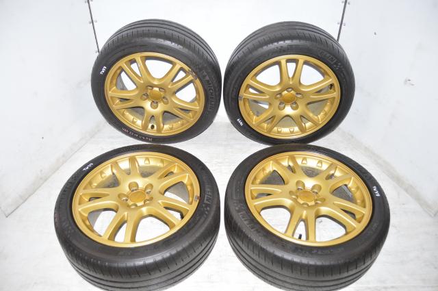 Subaru V7 JDM STI Gold 5x100 Wheels with 225/45/17 Michelin Pilot Sport Tires for sale for 2002-2007 Models