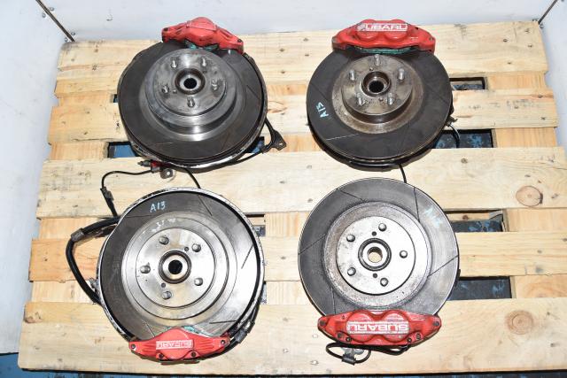 Used Subaru Red 4 Pot / 2 Pot Brake Caliper Set with Slotted Rotors & Hubs For Sale