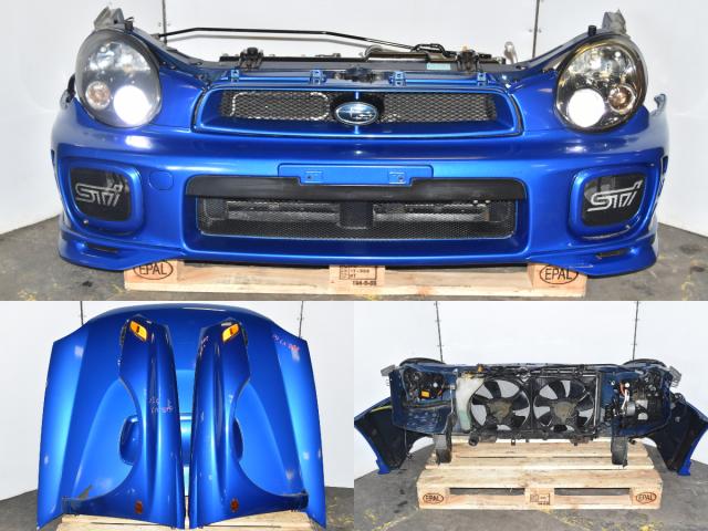Used JDM Subaru GDB STi 2002-2007 Bugeye Autobody Front End Nose Cut for Sale with Fenders, Grille, Hood, HID Headlights & Rad Support