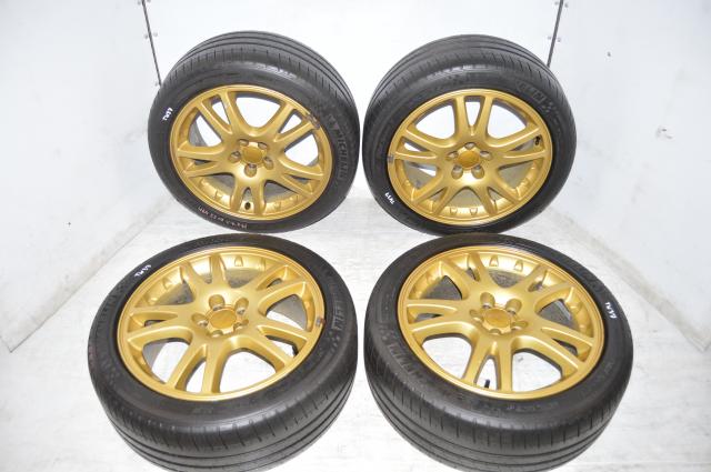 Subaru V7 JDM STI Gold 5x100 Wheels with 225/45/17 Michelin Pilot Sport Tires for sale for 2002-2007 Models