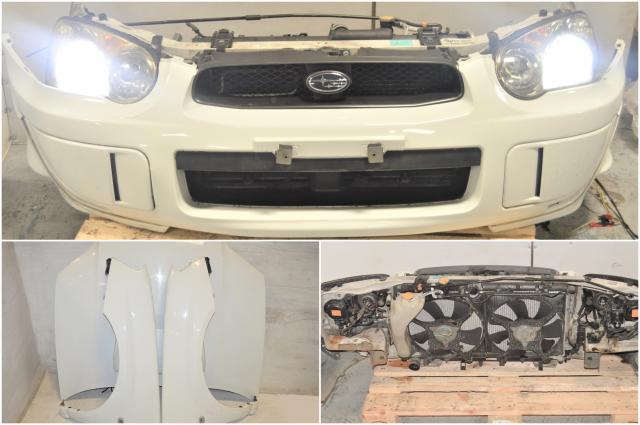 Used Subaru WRX 2004-2005 Version 8 JDM White Nose Cut Assembly with HID Headlights, STi Hood, Front Fenders & Rad Support for Sale