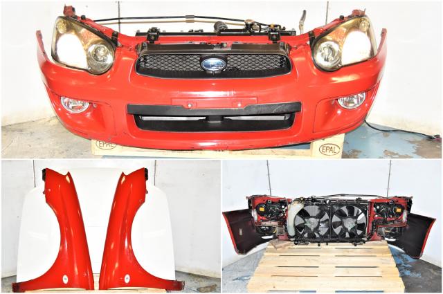 Used Subaru Version 8 2004-2005 Red Front End Conversion with Front Bumper, Foglights, HID Headlights, Fenders & Hood for Sale with Rad Support