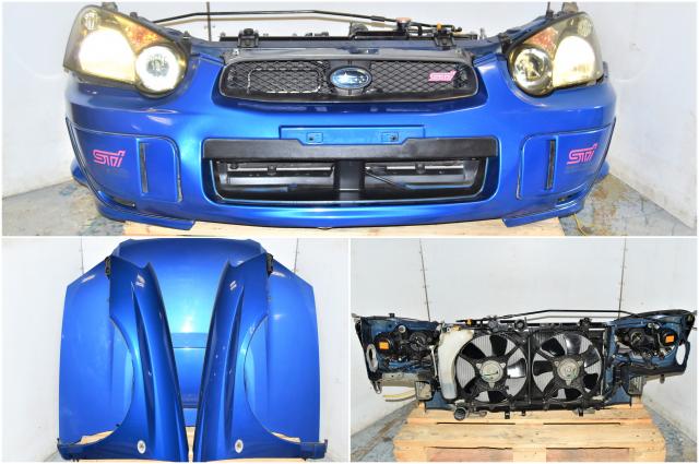 Used JDM Subaru 2004-2005 Version 8 WRB Nose Cut with Fenders, Hood, Front Bumper, HID Headlights, Rad Support with Radiator for Sale